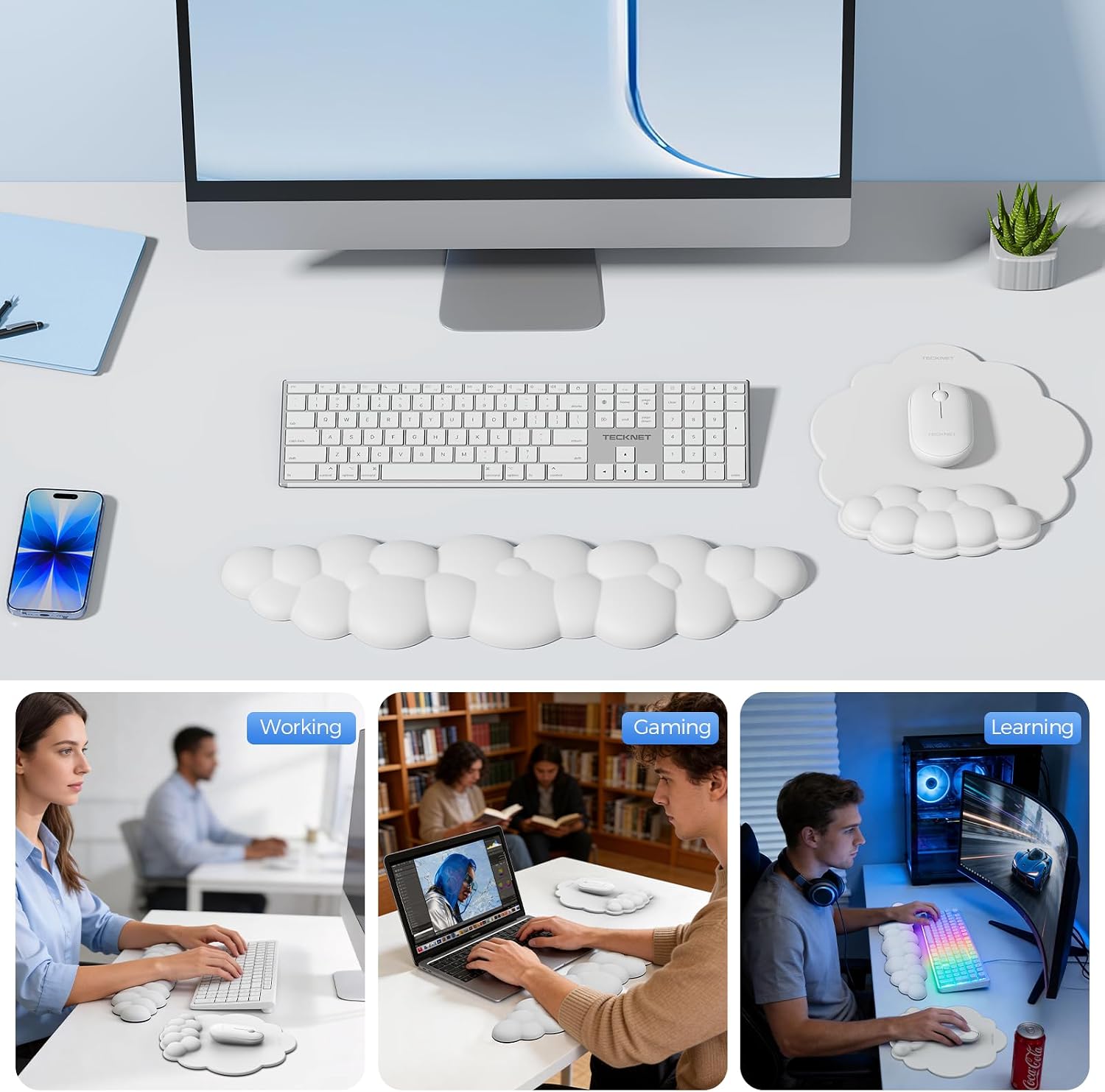 TECKNET Cloud Mouse Pad with Wrist Rest, Ergonomic Cloud Wrist Rest with Non-Slip Base, PU Leather Memory Foam Mouse Pad Wrist Support for Keyboard and Mouse, Pain Relief for Typing, Gaming, White