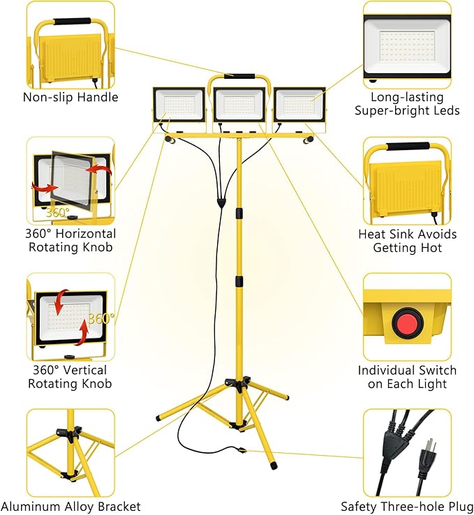 21000 Lumens Work Lights with Stand, 3 Head Portable LED Work Light, IP65 - Image 2