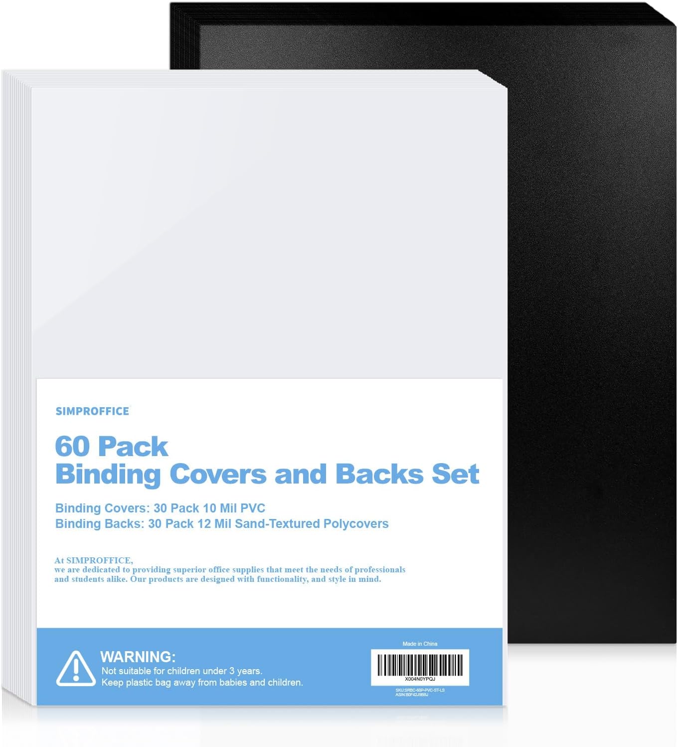 60 Pack Binding Covers and Backs, 10/12 Mil, 8.5X11" | Includes 30 Clear 10 Mil PVC Fronts and 30 Black 12 Mil Sand-Textured Backs for Letter Size Binding