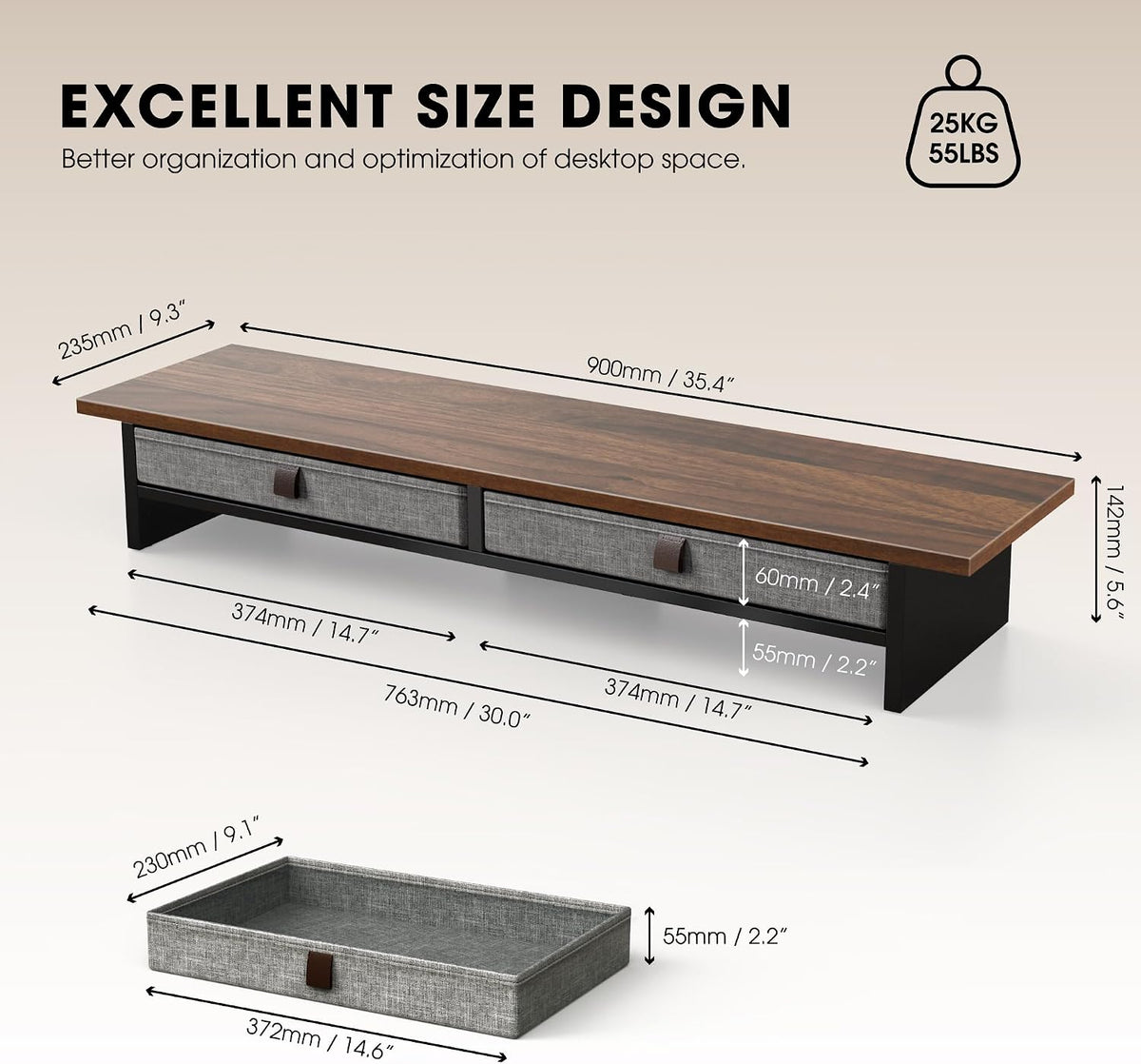 Fenge 35 Inch Monitor Stand with Drawer Storage, Computer Riser for Desk