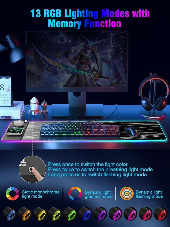 Mouse Pad with Magnetic Wireless Charging, Large Desk Pad Protector, RGB Black - Image 4