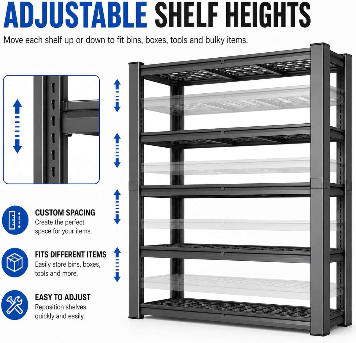 tote storage rack, garage shelving heavy-duty storage bin, side view