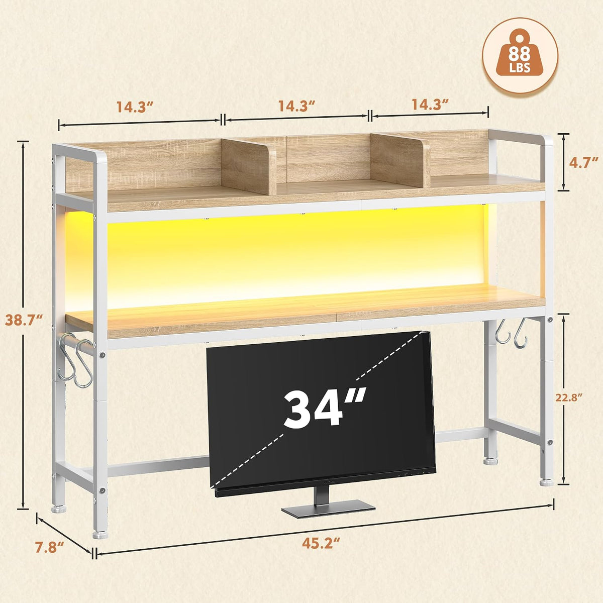 REIBII 2-Tier Desk Shelf, LED, Bedroom and Home Office, White