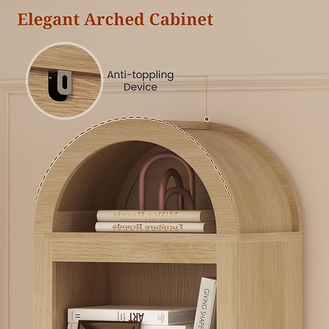 UPOSOJA 76" Tall Narrow Arched Bookcase, 7-Teir Mid-Century Modern Bookshelf - Image 4