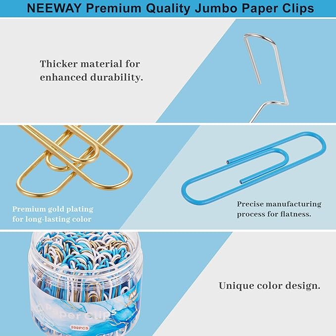 NEEWAY 200pcs Large Blue Paper Clips, 2 Inch Jumbo Paper Clip, Ceative Colored - Image 3