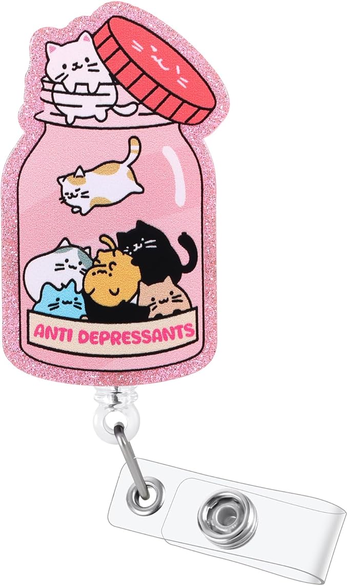 Anti Depressants Funny Cat Nurse Badge Reel, Cute Pink Retractable ID Card by LINAYOHA
