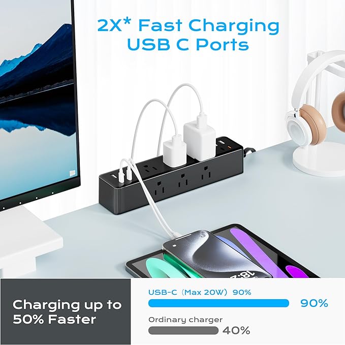 Flat Plug Desk Clamp Power Strip 10FT, 40W Total Fast Charging Station - Image 3