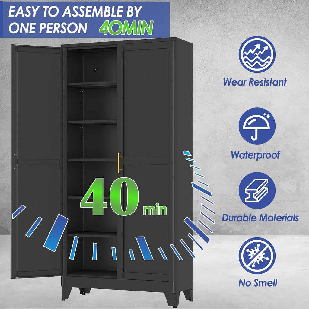 75" metal garage storage cabinet with 2 doors, side view
