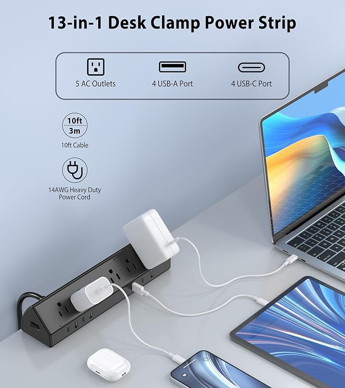 45W Fast Charging Station, Desk Clamp Power Strip, 4 PD USB-C Ports, 5 AC - Image 2