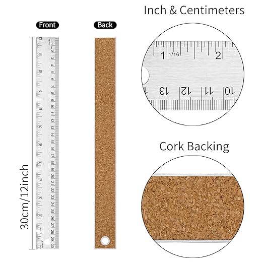 Metal Ruler with Cork Backing, 12 Inch Stainless Steel Rulers 12 Inch Metal - Image 2