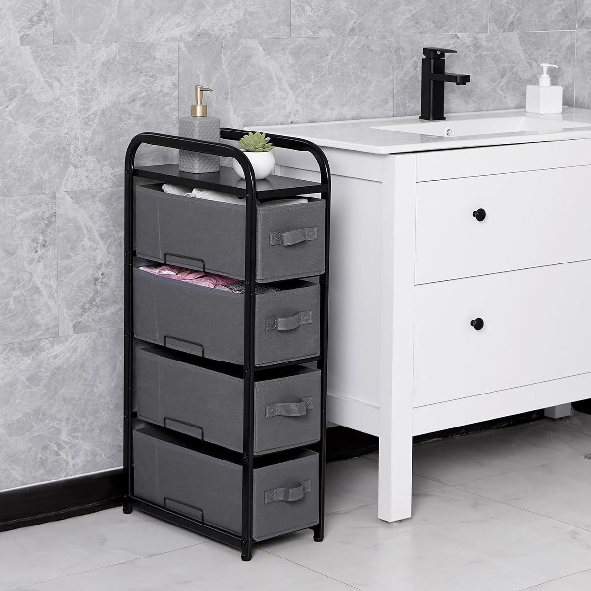 MAX Houser 4 Drawer Narrow Dresser Fabric Storage Tower Vertical Slim Storage...