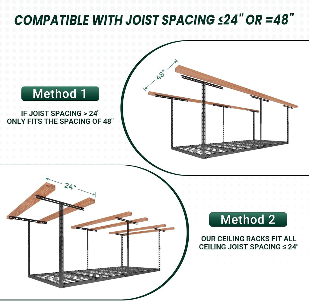 3x8 ft overhead garage storage rack,750lbs weight capacity showing dimensions