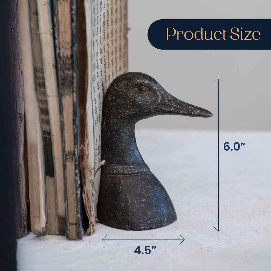 Decorative Distressed Cast Metal Duck Head Bookends - Heavy Duty Book Stopper for Shelves, Cute Novelty Book Holder - Rustic Vintage Home Office Organizer Set of 2