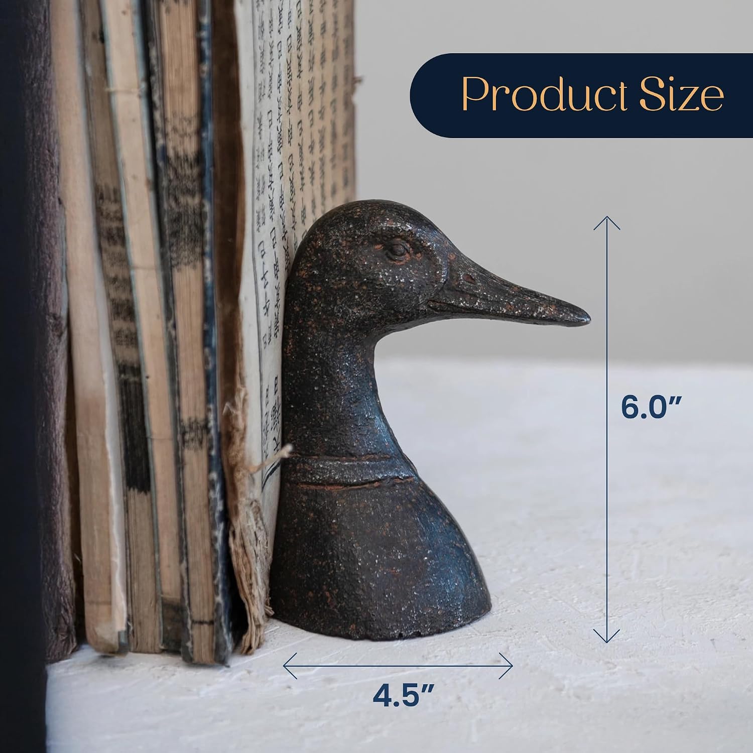Decorative Distressed Cast Metal Duck Head Bookends - Heavy Duty Book Stopper for Shelves, Cute Novelty Book Holder - Rustic Vintage Home Office Organizer Set of 2