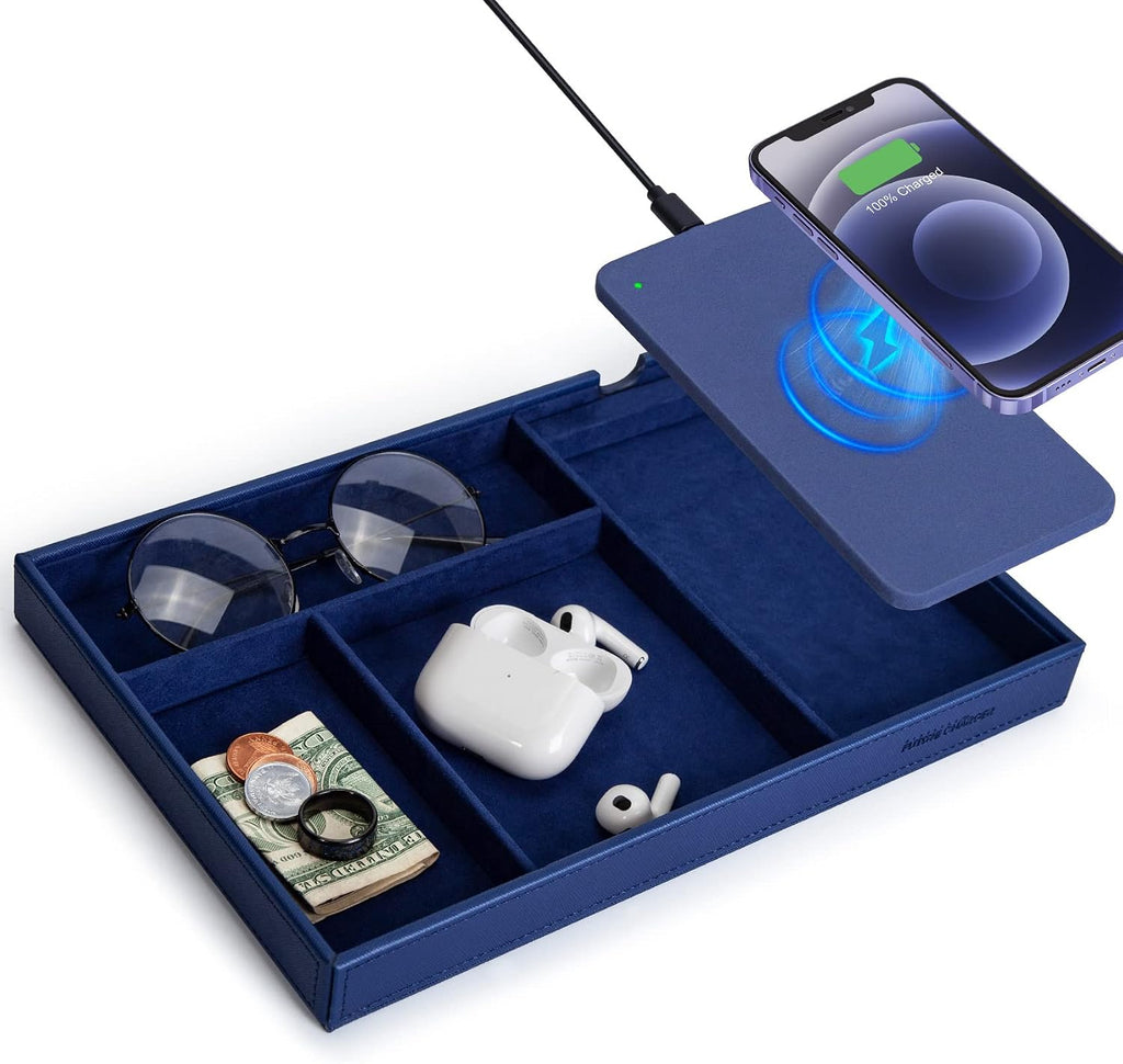 Valet Tray, Built in Wireless Charging Pad, Nightstand Organizer, Bedside