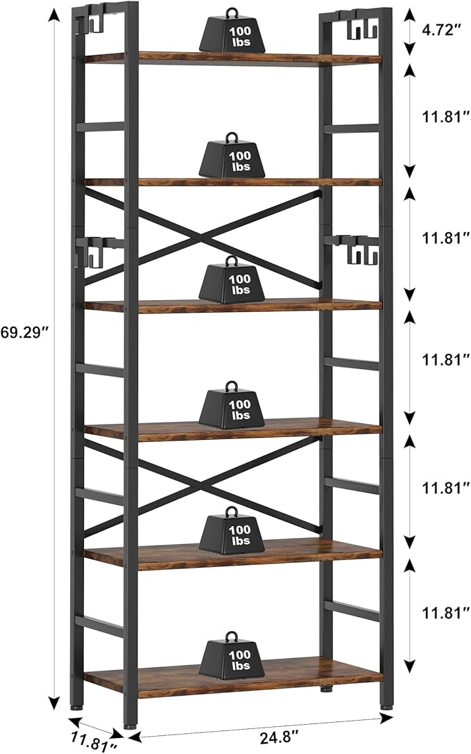 Homeiju 6 Tier Bookshelf, Industrial Bookcase - Image 3