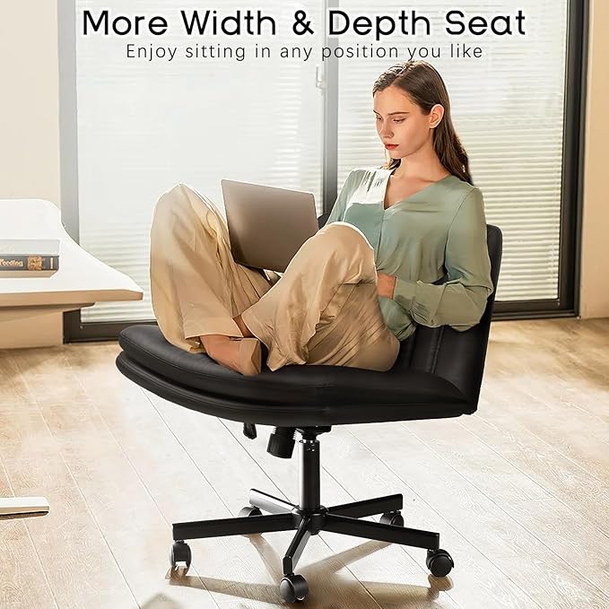 PUKAMI Criss Cross Chair with Wheels, PU Leather Armless Cross Legged Office - Image 3