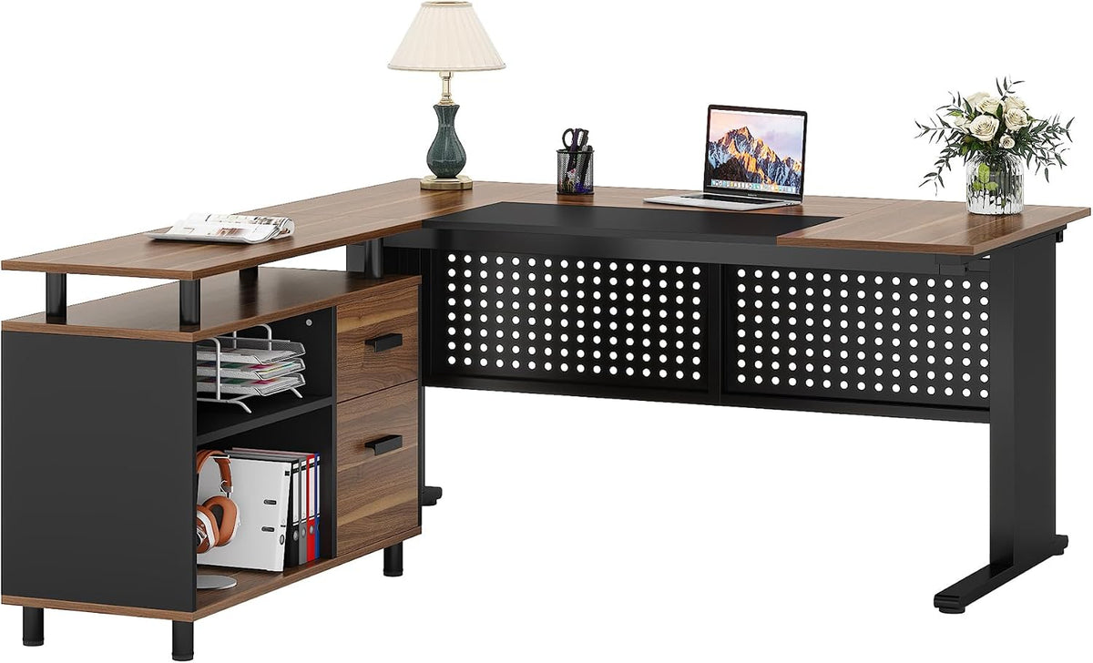 Tribesigns 63 Inch Executive Desk with File Cabinet, L Shaped Office Desk