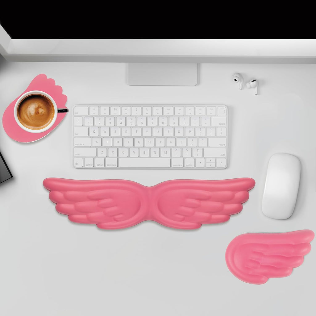 Angel Wing Wrist Rest,Cute Wrist Rest for Keyboard and Mouse,Hand Rests Set Include Ergonomic Keyboard & Mouse Hand Rest and Coaster,Filled Resilient Memory Foam,for Work,Study,Gaming (Pink)