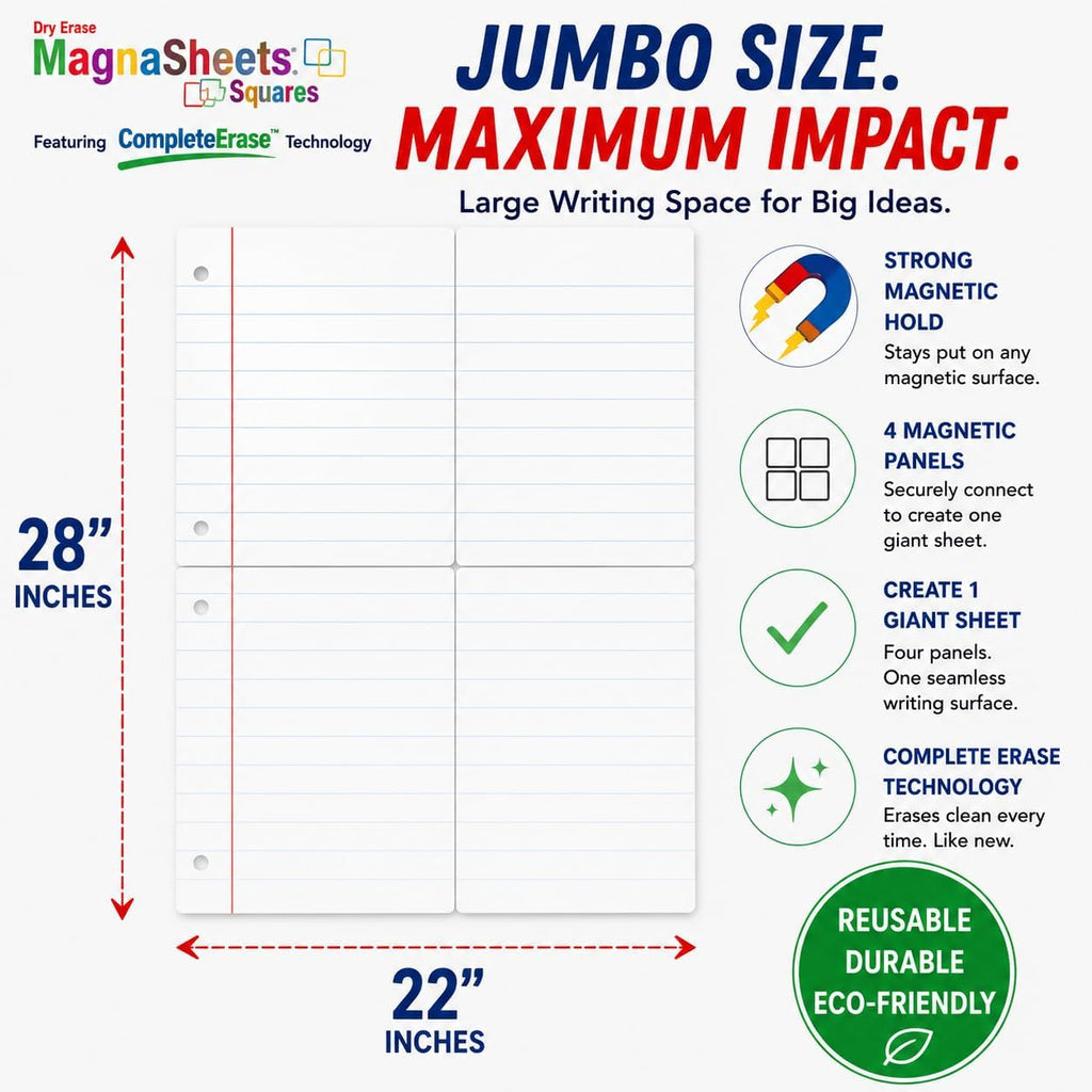 MAGNASHEET Squares Magnetic Dry Erase Notebook Paper for Classroom Whiteboards, Jumbo 22 x 28 Inch Teaching Sheet, 4 Panel Magnetic Writing Surface, Complete Erase PET Vinyl, Teacher Classroom Supplies