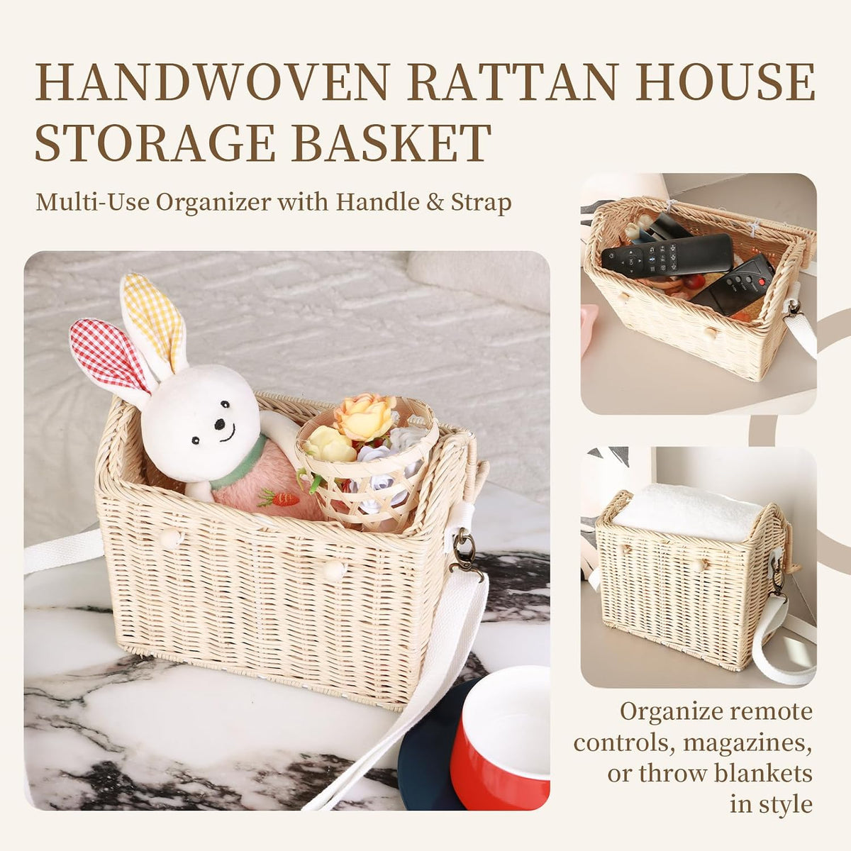 Handwoven Rattan House Storage Basket – Multi-Use Organizer with Handle &...