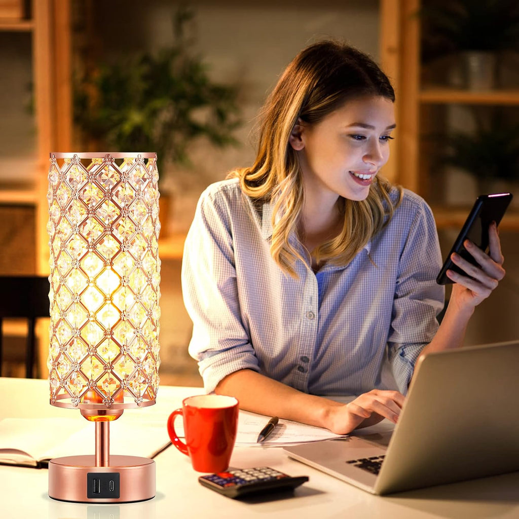 pink crystal table lamp, 3 way dimmable touch, front angle view