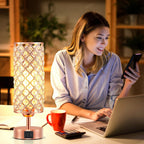pink crystal table lamp, 3 way dimmable touch, front angle view