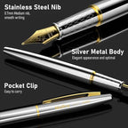 Nicpro Fountain Pen Set with Box, Classic Silver-Gold Fancy Pen with Converter - Image 3