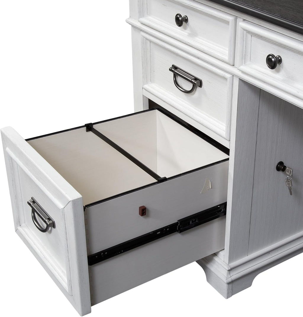 Liberty Furniture Allyson Park Opt L Shaped Desk Set with Locking File Drawer Cottage Home Office Storage - Wirebrushed White, Charcoal Tops Oak Wood