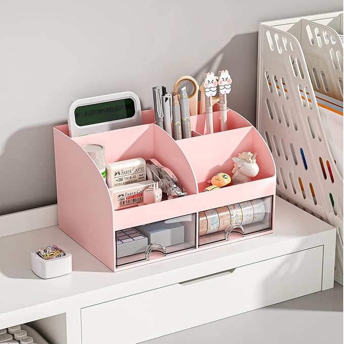 COMFYROOM Desk Organizer with 6 Compartments and 2 Drawers, Plastic Makeup - Image 3