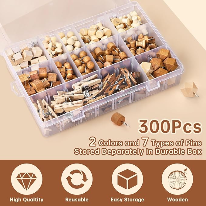 GOOLADA 300Pcs Wooden Push Pins, 2 Colors and 7 Types Decorative Thumb Tacks - Image 3