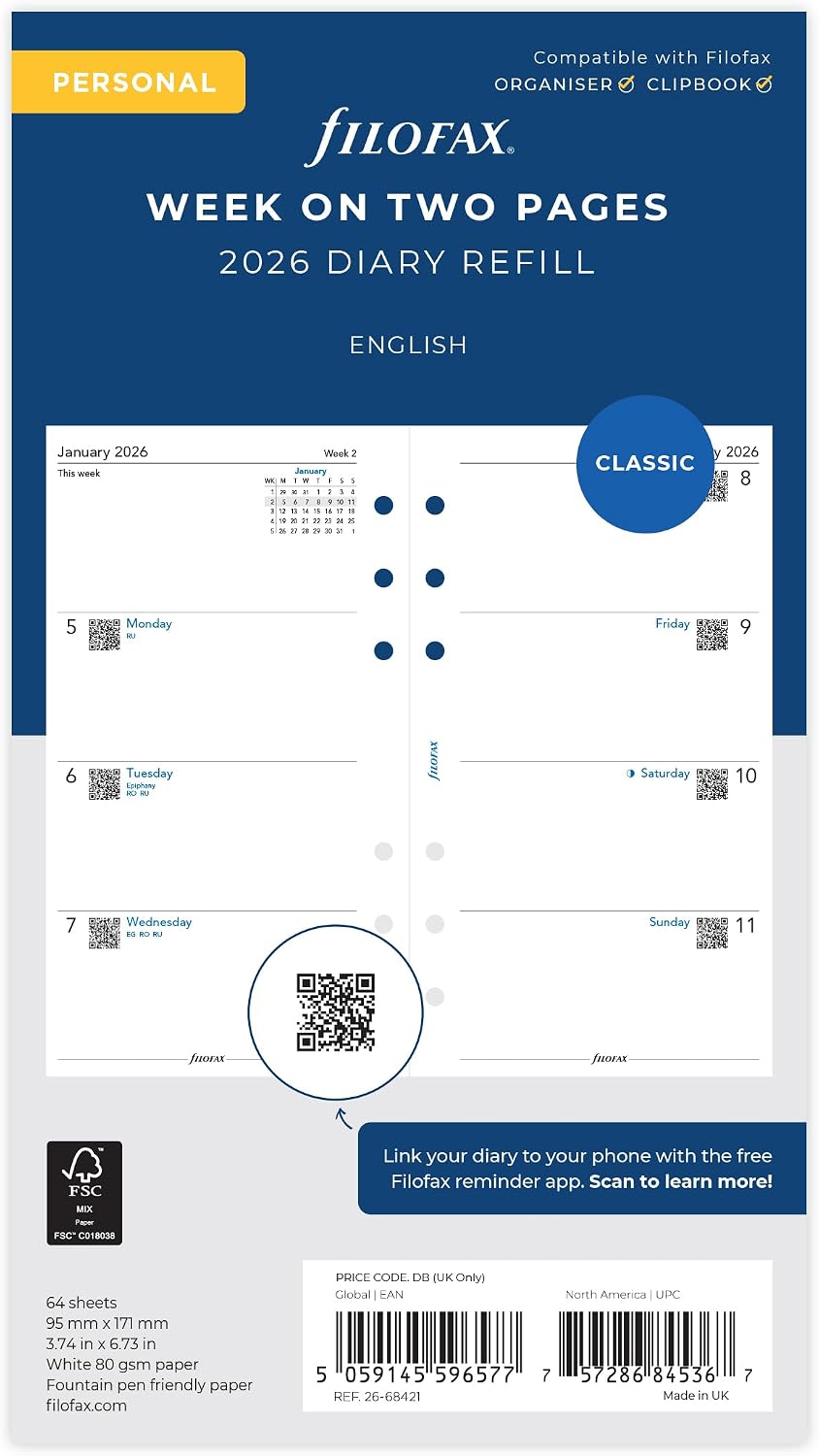 Filofax Personal Week on two pages English 2026 diary 26-68421