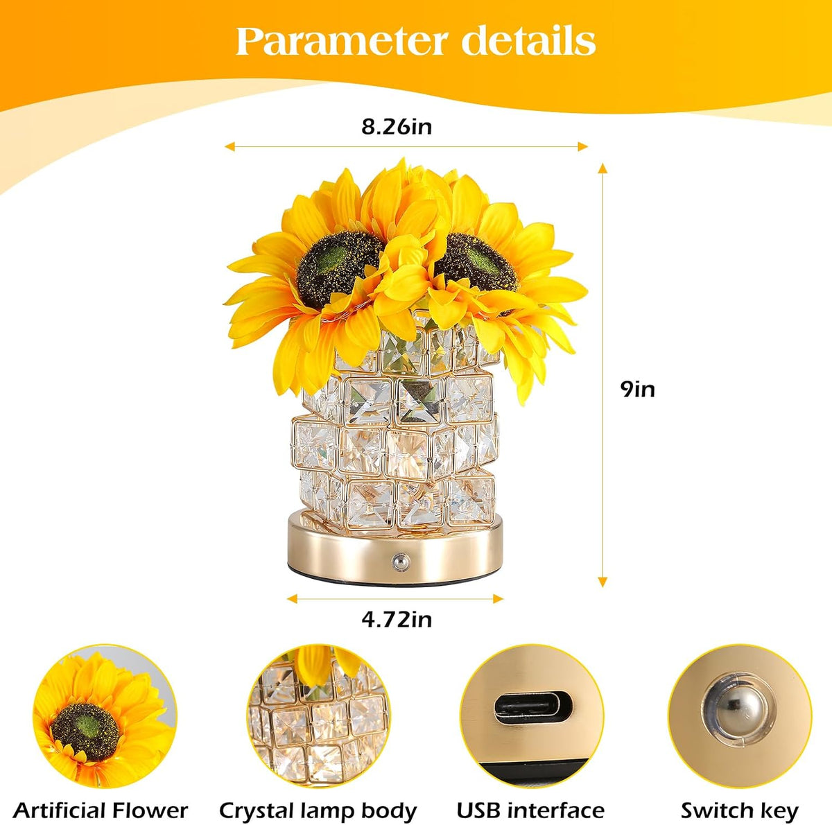 sunflowers flower lamp cordless touch table lamp birthday, side view