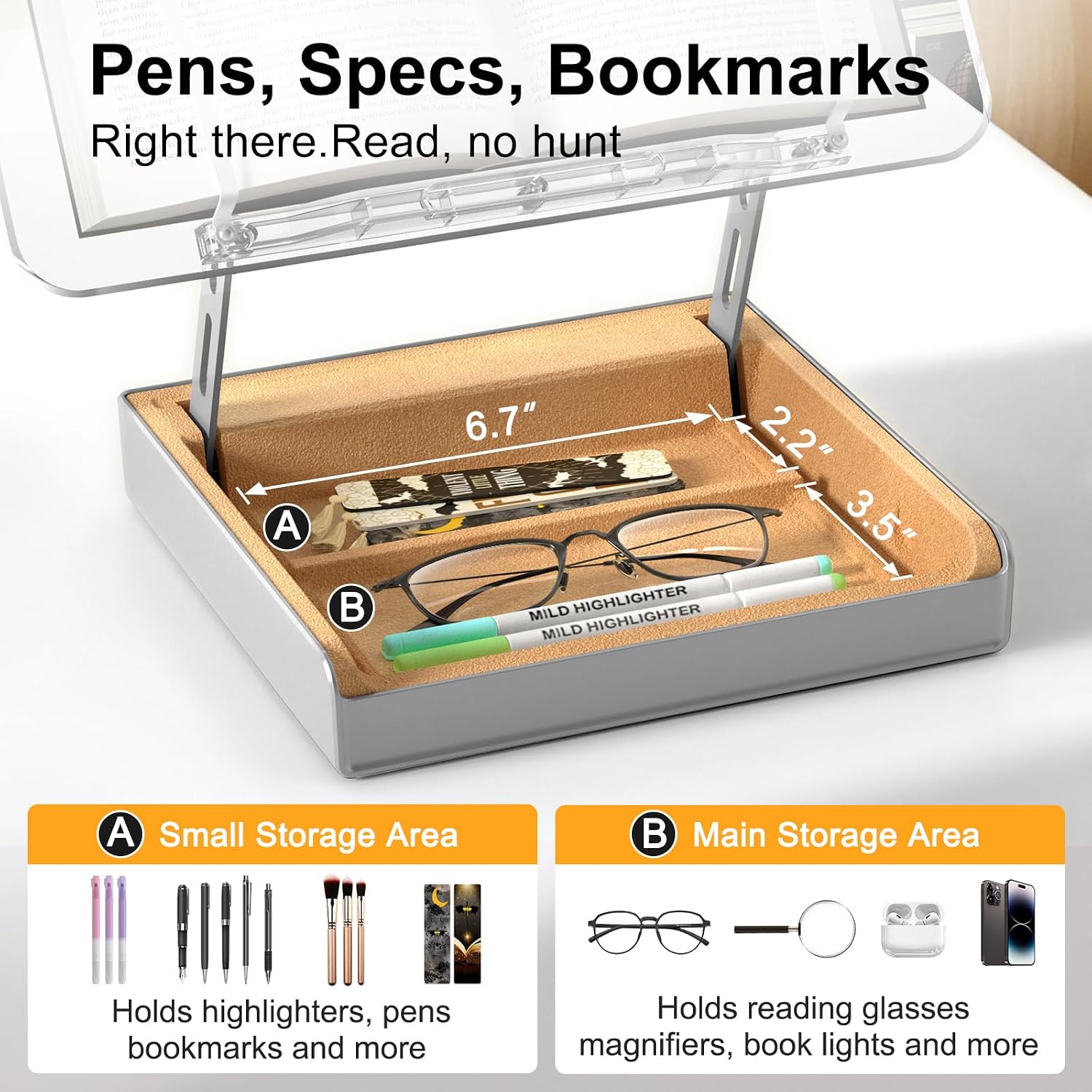 Book Stand with Storage, Book Holder for Reading Hands Free | Wooden Cookbook Stand for Kitchen Counter, Adjustable Reading Stand for Desk, Recipe Stand, Book Prop for Book Lovers -Clear