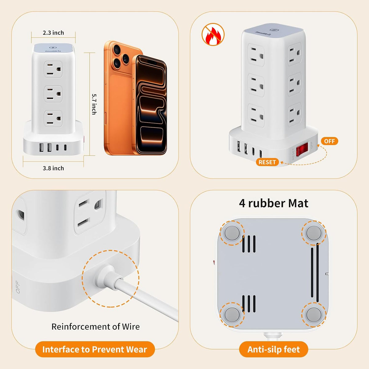 Extension Cord with Multiple Outlets, SMALLRT Power Strip Tower, Outlet Exten...