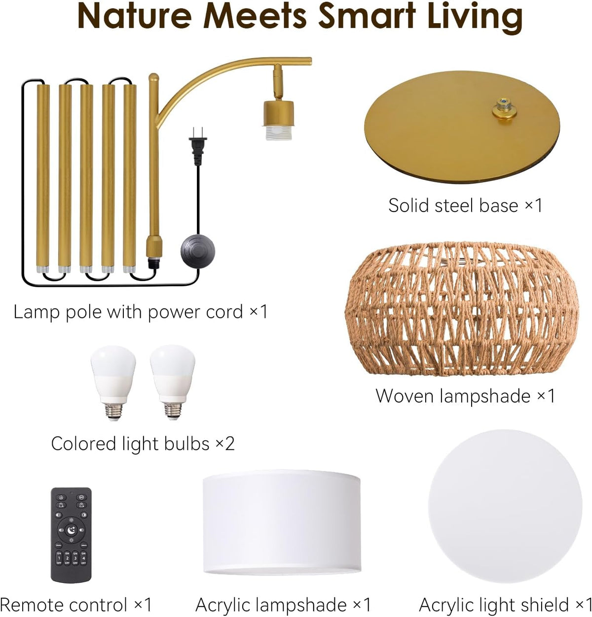 Gold Boho Rattan Floor Lamp w/Remote, Dimmable (2700K - 6000K), 2 - in - 1 Wi...