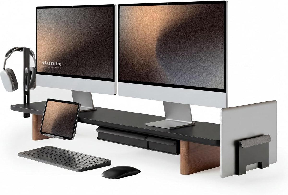 Fenge Modular Dual Monitor Stand Riser with Solid Ash Wood Leg, 42.5" Black