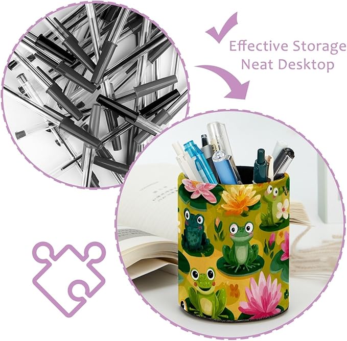 Leather Pen Holder for Desk Funny Frogs Pencil Cup Desktop Organizer Makeup - Image 4
