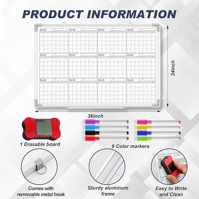 Lincia 36" x 24" Magnetic Horizontal Yearly 12 Month Dry Erase Calendar - Image 2