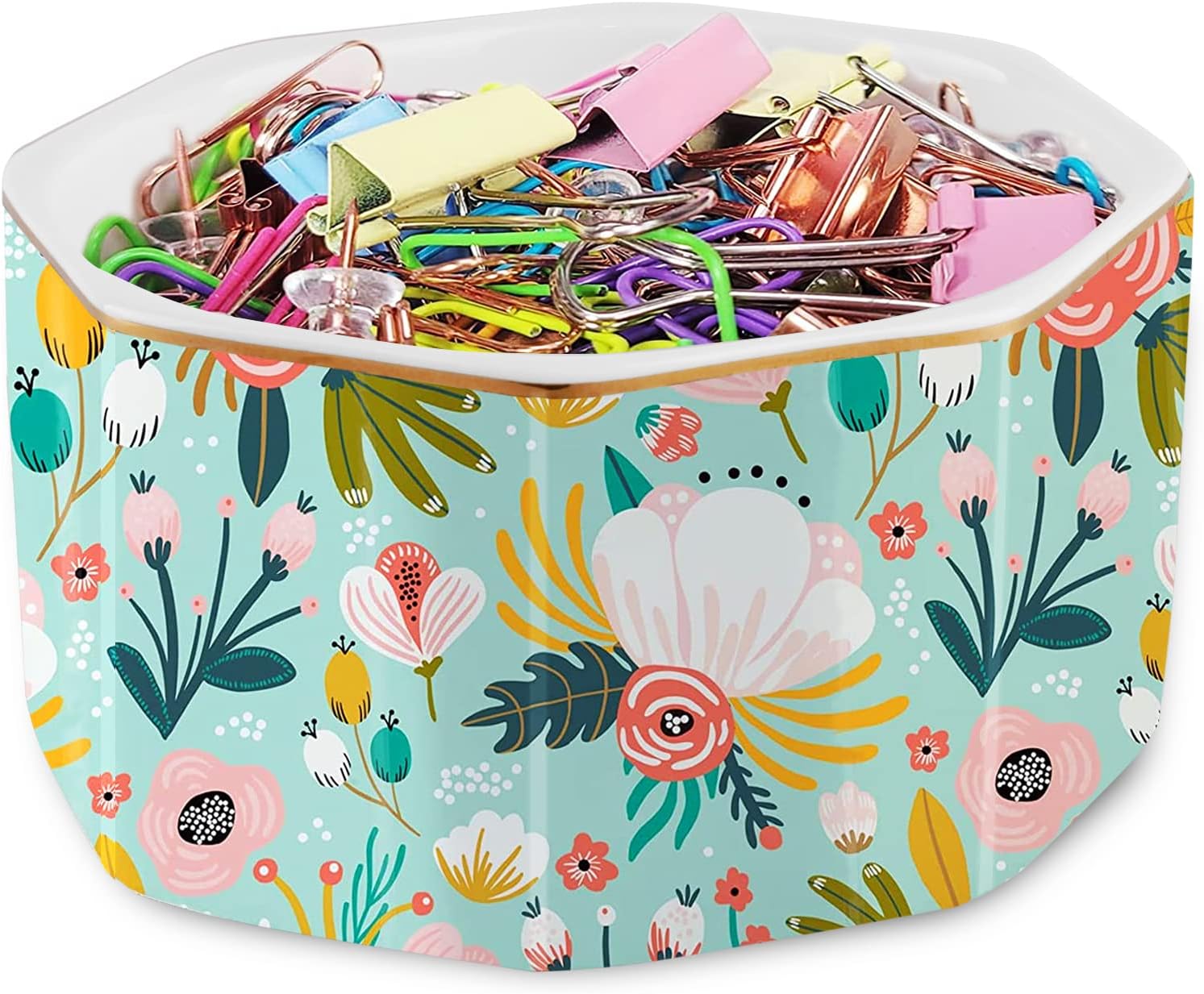 Ceramic Paper Clip Holder Gold Line Paper Clip Dispenser Organizer for Desk Cute Floral Pattern Office Binder Clip Holder Bobby Pin and Hair Clip Holder Gift for Office Mint Flowers