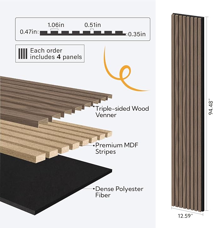 Olanglab Wood Slat Wall Panels, Wooden Acoustic Wall Panels, 94.5"x12.6" Each - Image 3