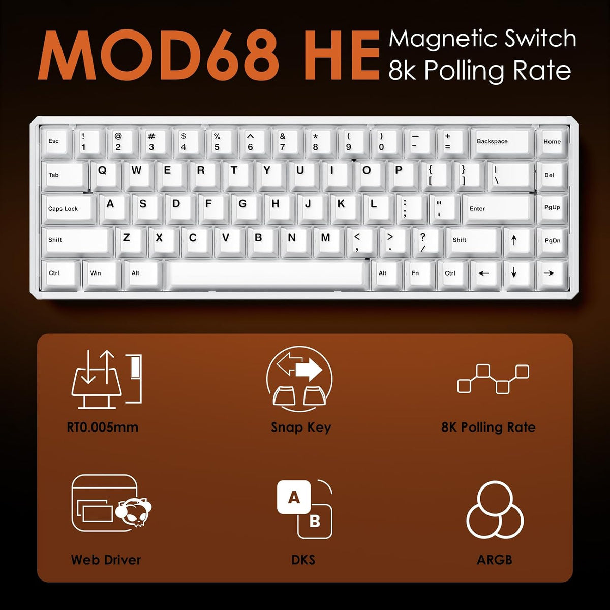 Akko MOD68 8k Rapid Trigger Aluminum Gaming Keyboard Misty White Wired HE Key...