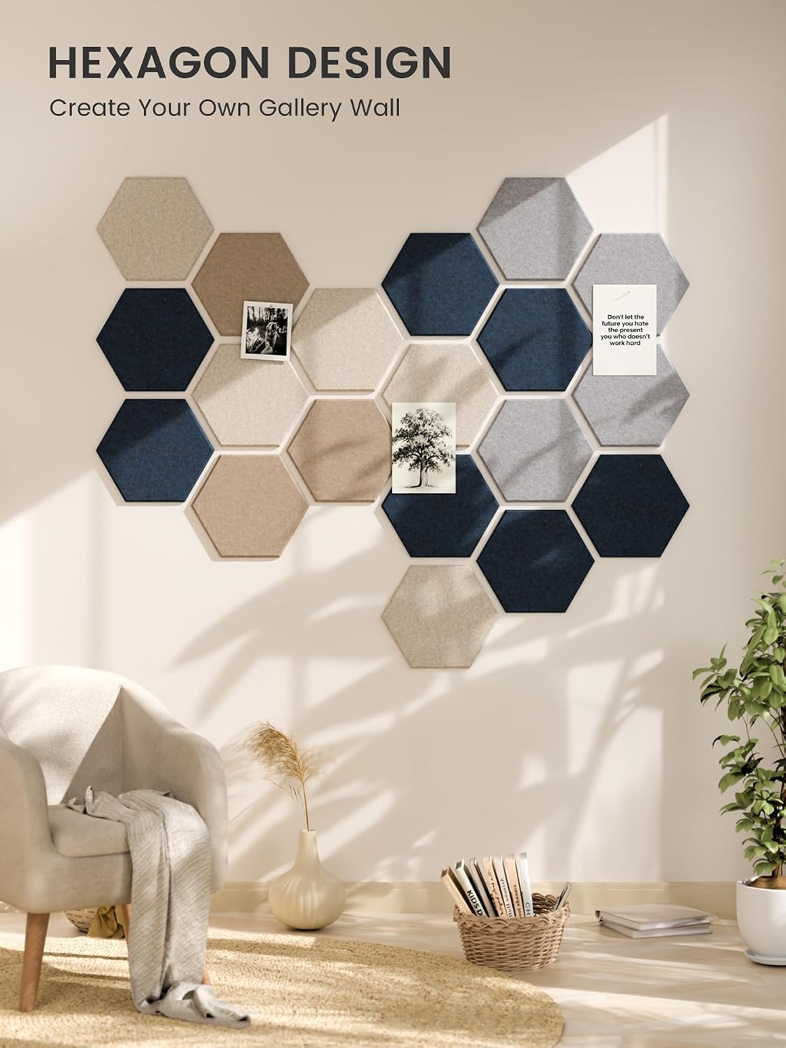 Fluxynara 12-Pack Hexagon Felt Bulletin Board Tiles, Nordic Slate-1