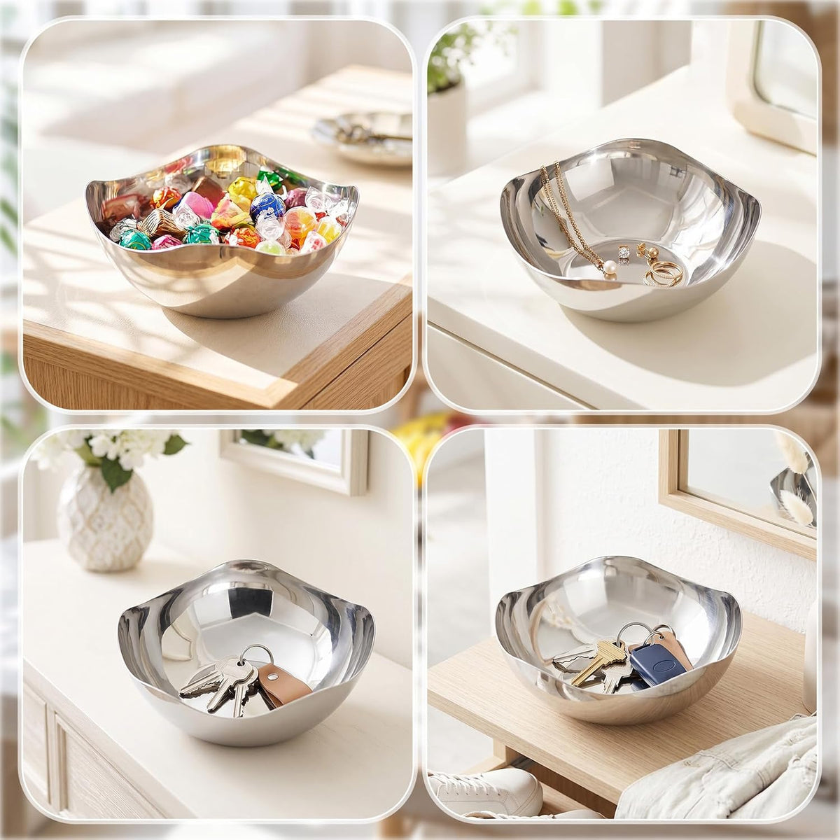 2 Pcs Silver Candy Bowl Stainless Steel, 6.3 Inch Mirror Polished