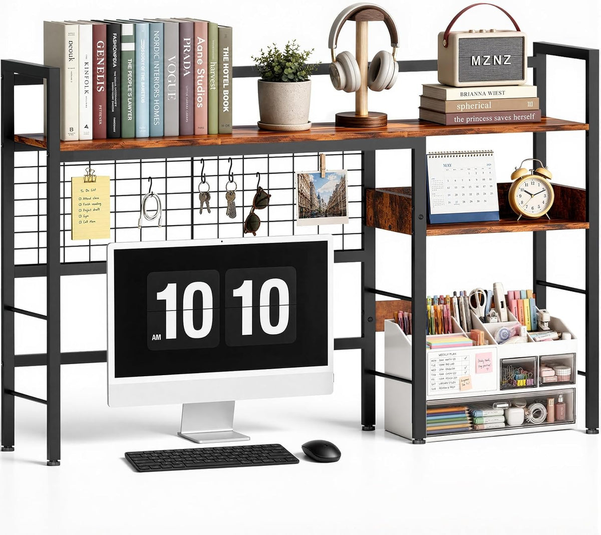 Desk Shelf, 44.9" Desk Hutch with Pegboard Hooks Set, Rustic Brown