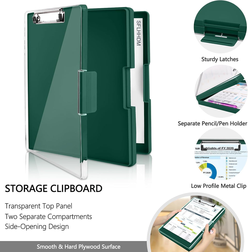 SFLHHDM Clipboard with Storage,Heavy Duty Clip Boards 8.5x11 with 2 Storage Case,Clear Visible Panel Storage Clipboards,Side Opening Nursing Clipboard Folder for Office Supplies-Emerald