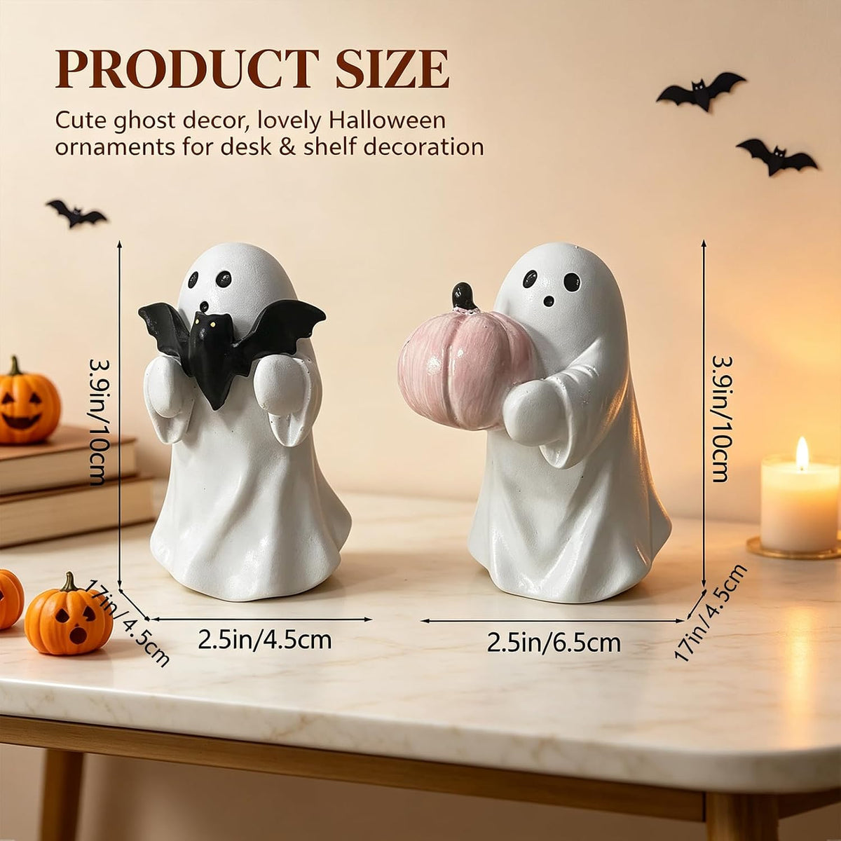 2Pcs Halloween Resin Ghost Figurines Cute Pink White Decor Indoor