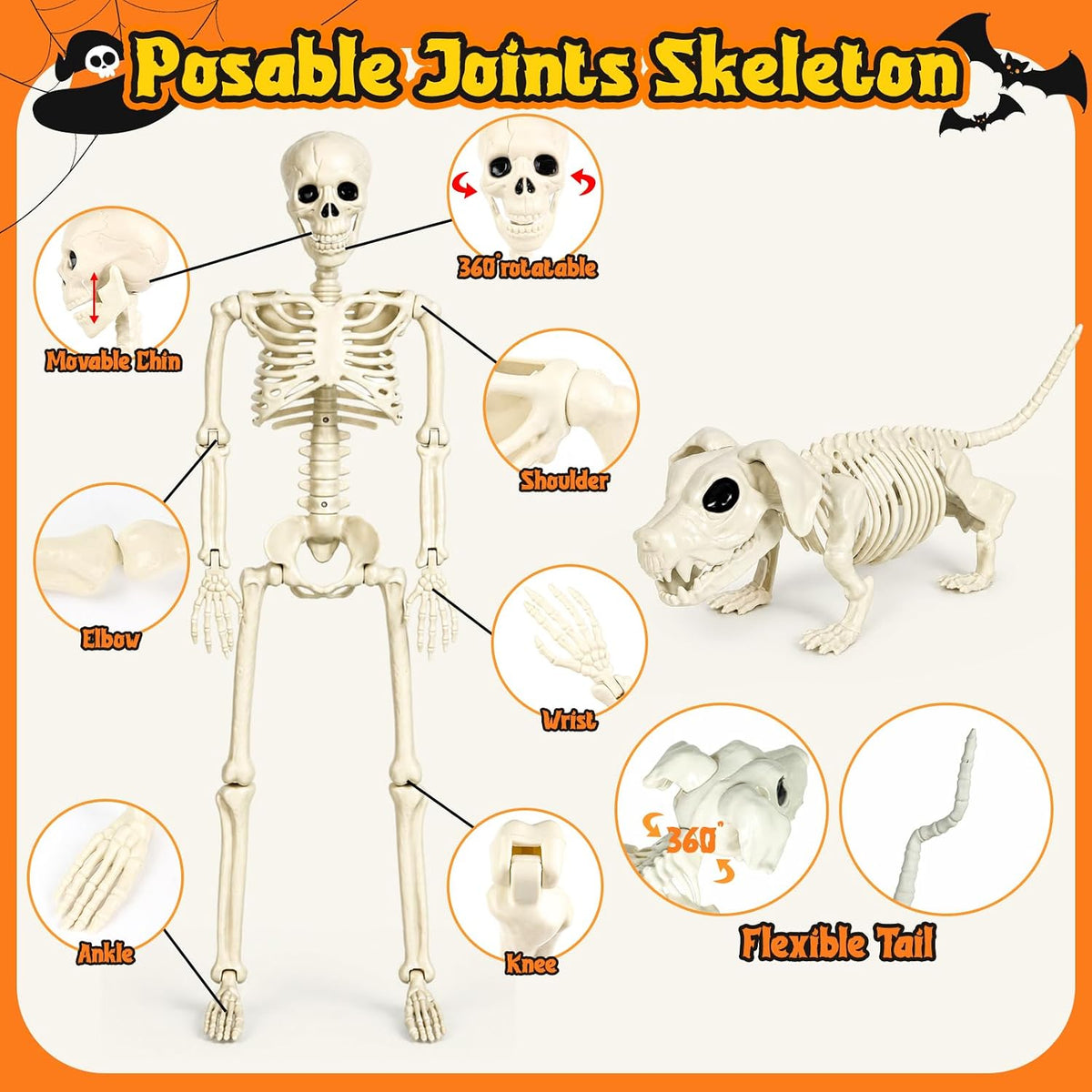 36'' Life-Size Posable Halloween Skeleton Decorations with Dog Skeleton