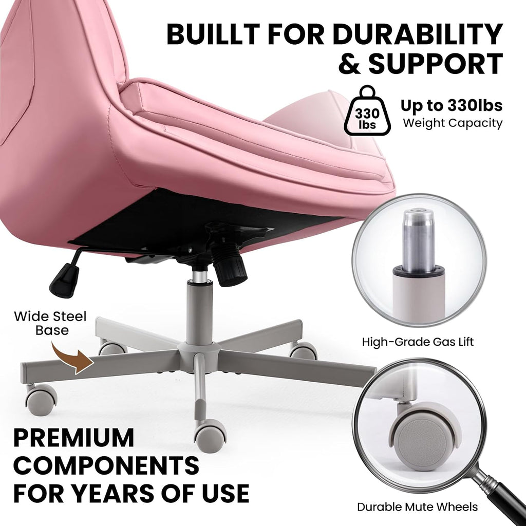 MOJAY Velvet Office Swivel Chair, Vanity Chair, Fabric Desk Chair, Pretty Fancy Chair, Gold Office Chair for Girls, 360°Swivel Height Adjustable Reception Chair (Pink PU)