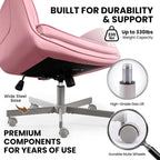 MOJAY Velvet Office Swivel Chair, Vanity Chair, Fabric Desk Chair, Pretty Fancy Chair, Gold Office Chair for Girls, 360°Swivel Height Adjustable Reception Chair (Pink PU)